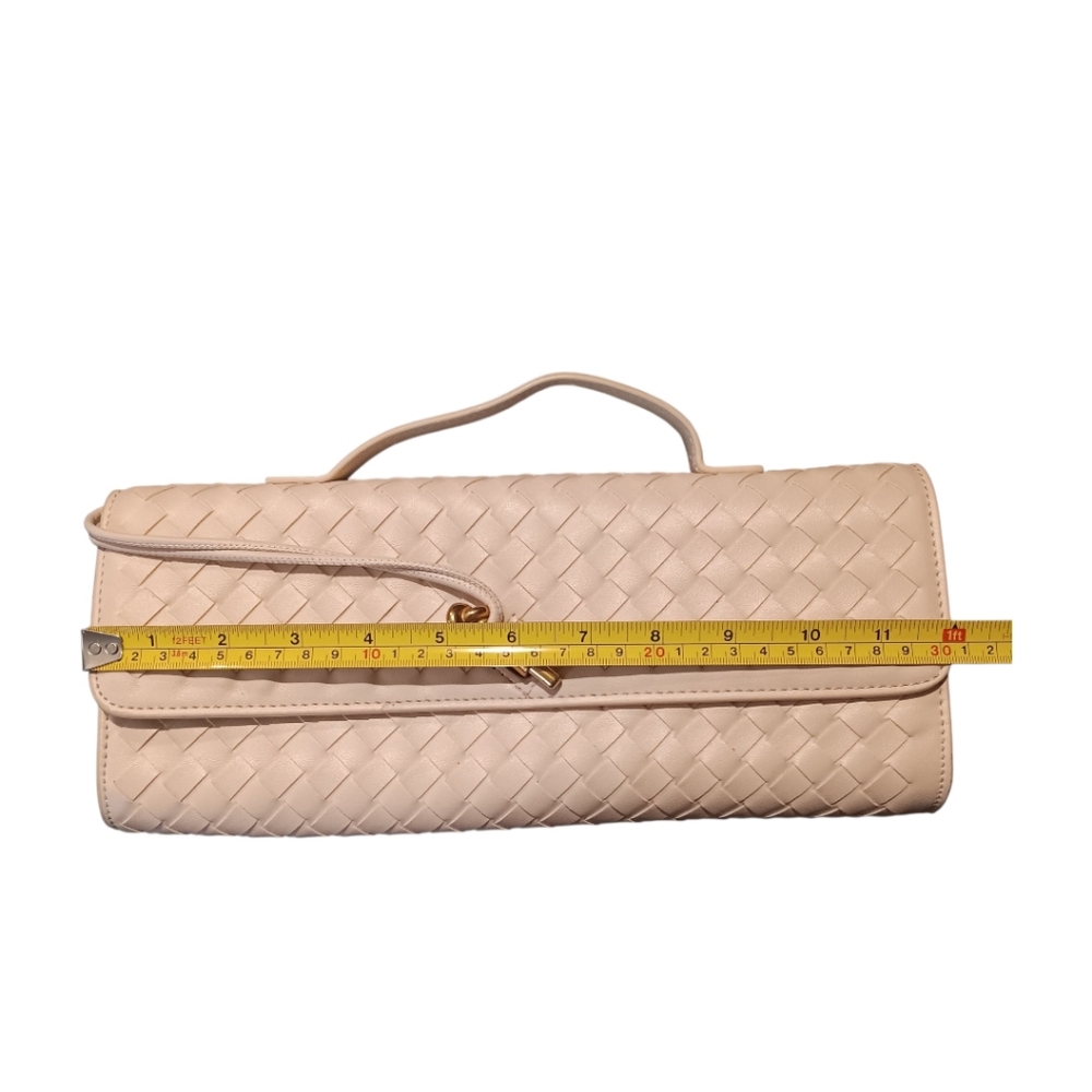 * Cream Faux Woven Leather Clutch Handbag With Shoulder Strap - Picture 6 of 7